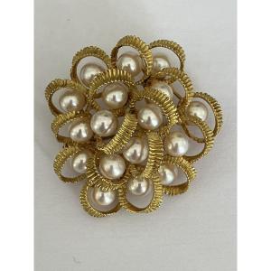 4279- Broche Années 60 Or Jaune Perles