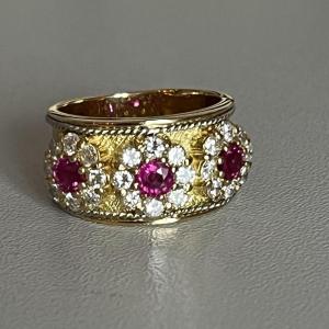 4966- Yellow Gold Ruby Diamond Band Ring