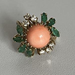5061- Yellow Gold Coral Emeralds Diamond Ring