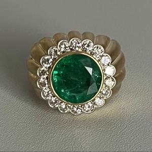 5068- Dome Ring Yellow Gold Godronné Emerald From Zambia 4.00 Ct Diamonds