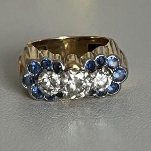 5071- Bague Or Jaune Godronné Platine Diamants Saphirs