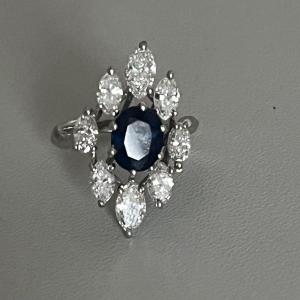 5234- Bague Or Gris Saphir Diamants Navette