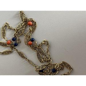 5216- Old Yellow Gold Coral Lapis Lazuli Long Necklace