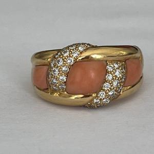 4238- Bague Jonc Or Jaune Corail Diamants