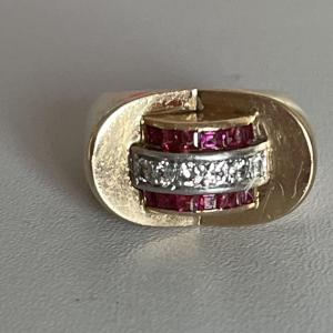 5385- Tank Ring Rose Gold Platinum Diamonds Ruby
