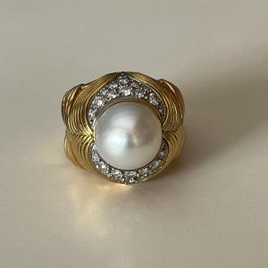 5379- Gold Pearl Diamond Ball Ring