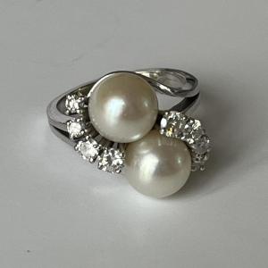 5205- Bague Or Gris Perles Diamants