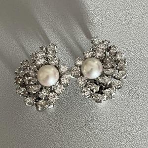 5397b- Boucles d'Oreilles Or Gris Perles Diamants