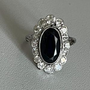 5520- Bague Pompadour Ancienne Platine Saphir Diamants