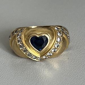 5649- Yellow Gold Domed Bangle Ring With Sapphire Diamonds In Heart 