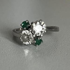 5689- Toi & Moi Platinum Diamonds Emeralds Ring