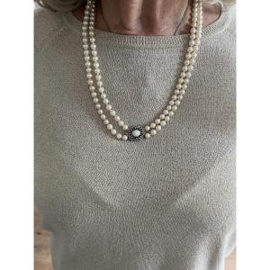 5417- Necklace 2 Rows Of Pearls Clasp Gray Gold Opal Diamonds