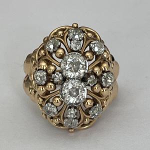 5455- Bague Dôme Or Jaune Platine Diamants (2 X 0,50 Ct Au Centre)
