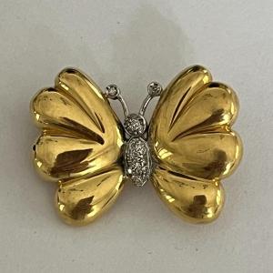 5656- Broche Papillon Or Jaune Et Gris Diamants