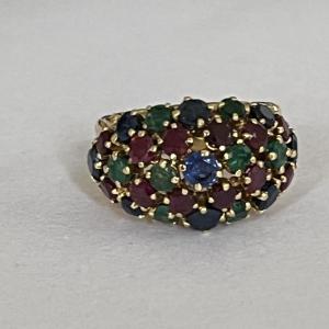 5701- Yellow Gold Ruby Sapphires Emeralds Ball Ring