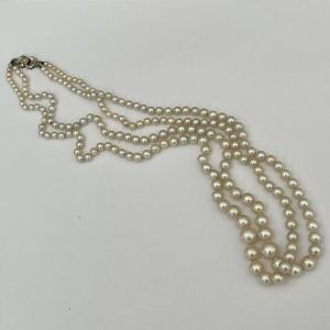 5501- Collier Perles 2 Rangs Fermoir Nœud Or Gris