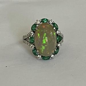5615- White Gold Opal Diamonds Emeralds Ring