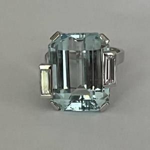 5617- Certified Aquamarine Diamonds Gray Gold Ring