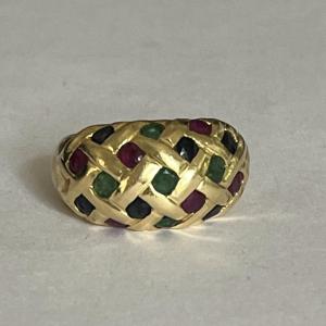 5849- Bague Jonc Or Jaune Emeraude Rubis Saphirs