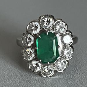 3874- Pompadour Ring White Gold Platinum Emerald 2.00 Ct And Diamonds 2.00 Ct