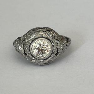 5907- Bague Ancienne Platine Diamants (0,90 Ct Au Centre)