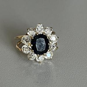 4992- Yellow Gold Flower Ring Sapphire 3.23 Ct Certified Diamonds 1.50 Ct