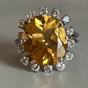 5978- Bague Or Gris Citrine Diamants