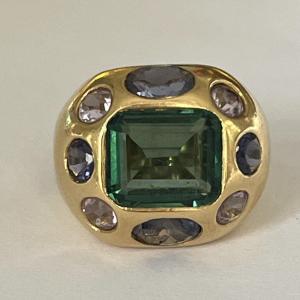 6030- Yellow Gold Signet Ring Green Tourmaline Amethysts Iolites