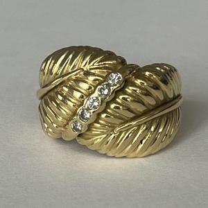 6136- Large Bague Feuillage Or Jaune Diamants