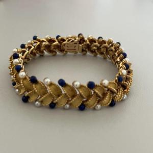 6170- Bracelet Articulé Feuillages Or Jaune Perles Lapis Lazuli