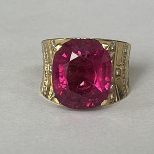 6132- Large Bague Bandeau Or Jaune Tourmaline Rubellite De 13,00 Ct