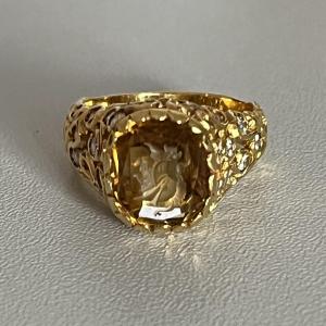 6201- Bague Dôme Or Jaune Citrine Diamants