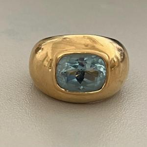 6215- Bague Jonc Or Jaune Topaze Bleue