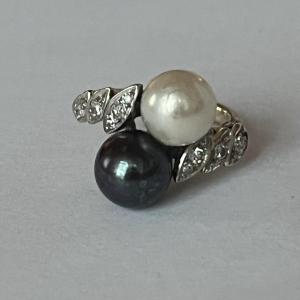 6200- Bague Toi & Moi Or Gris Perles