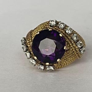 6237- Bague Boule Or Jaune Améthyste Diamants Années 1950