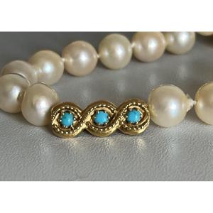 6278- Collier Perles 2 Rangs Fermoir Or Jaune Turquoises