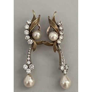 6352- Removable Yellow Gold Pearl Diamond Pendant Earrings