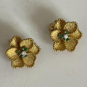 3535b- Boucles d'Oreilles Fleurs Or Jaune Emeraudes Diamants