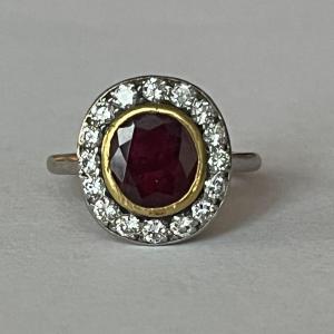 6345- Bague Or Jaune Platine Rubis Certifié Diamants