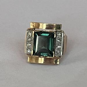 6346- Bague Tank Or Jaune Platine Tourmaline Diamants