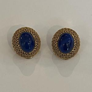 6034b- Yellow Gold Twisted Lapis Lazuli Earrings