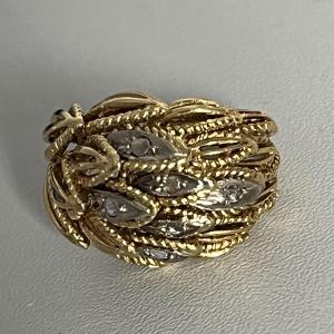 6193b- Yellow Gold Diamond Leaf Ball Ring