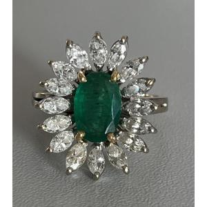 6403- Yellow Gold And Gray Emerald Diamond Flower Ring