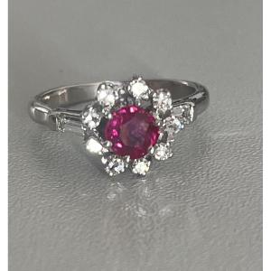 6394- Bague Fleur Or Gris Rubis Diamants