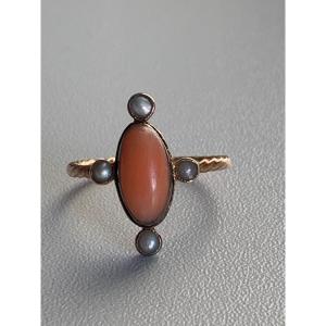 2767- Antique Yellow Gold Coral Pearl Ring