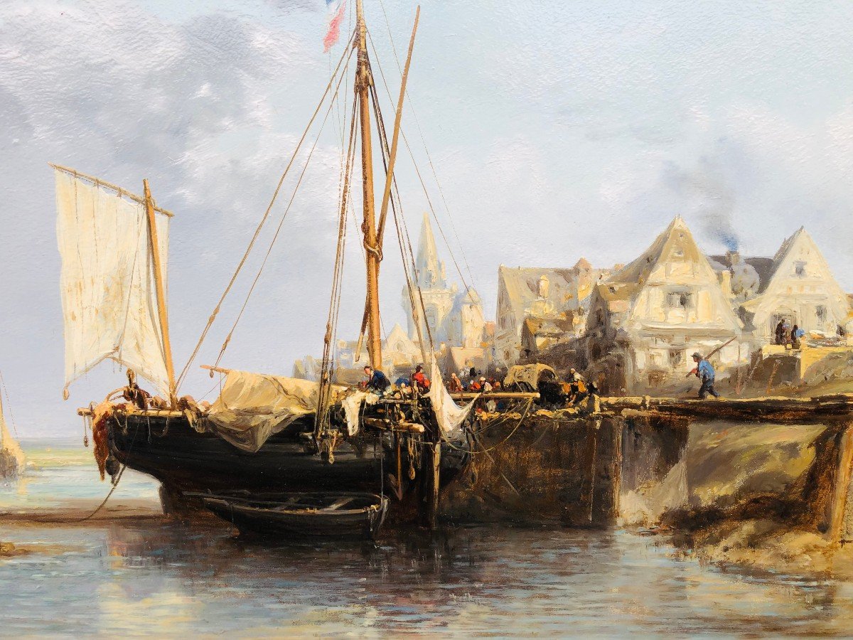 Noel Jules Tableau Français 19è L’avant Port Huile Sur Carton Fort