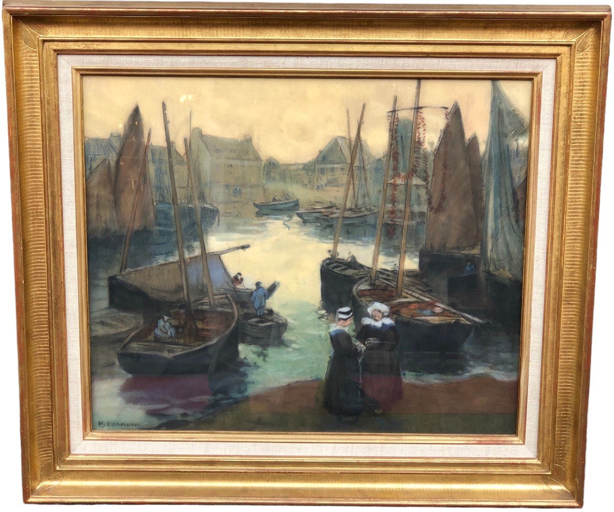 Barnoin Henri Old Painting Early 20th Brittany Return From Fishing To Concarneau Pastel Signed ​​​​​​​certificat-photo-2