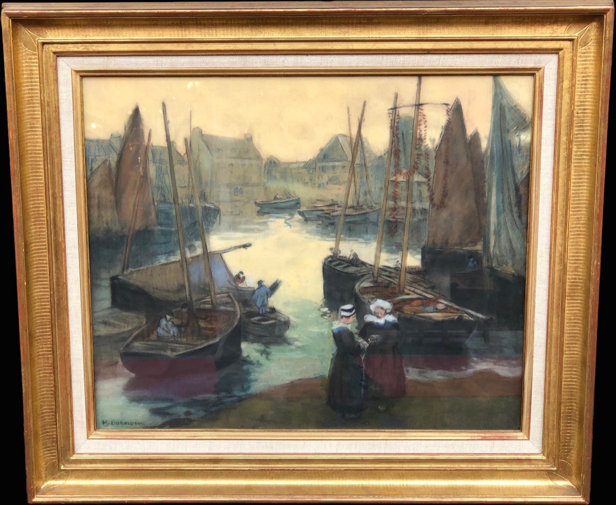 Barnoin Henri Old Painting Early 20th Brittany Return From Fishing To Concarneau Pastel Signed ​​​​​​​certificat