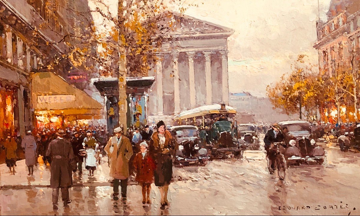 Cortes Edouard Rue Royale And La Madeleine Autumn Day Oil On Canvas Signed ​​​​​​​certificat-photo-1