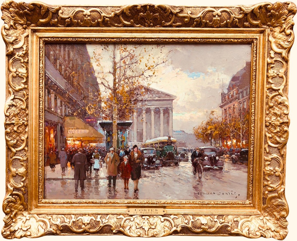 Cortes Edouard Rue Royale And La Madeleine Autumn Day Oil On Canvas Signed ​​​​​​​certificat